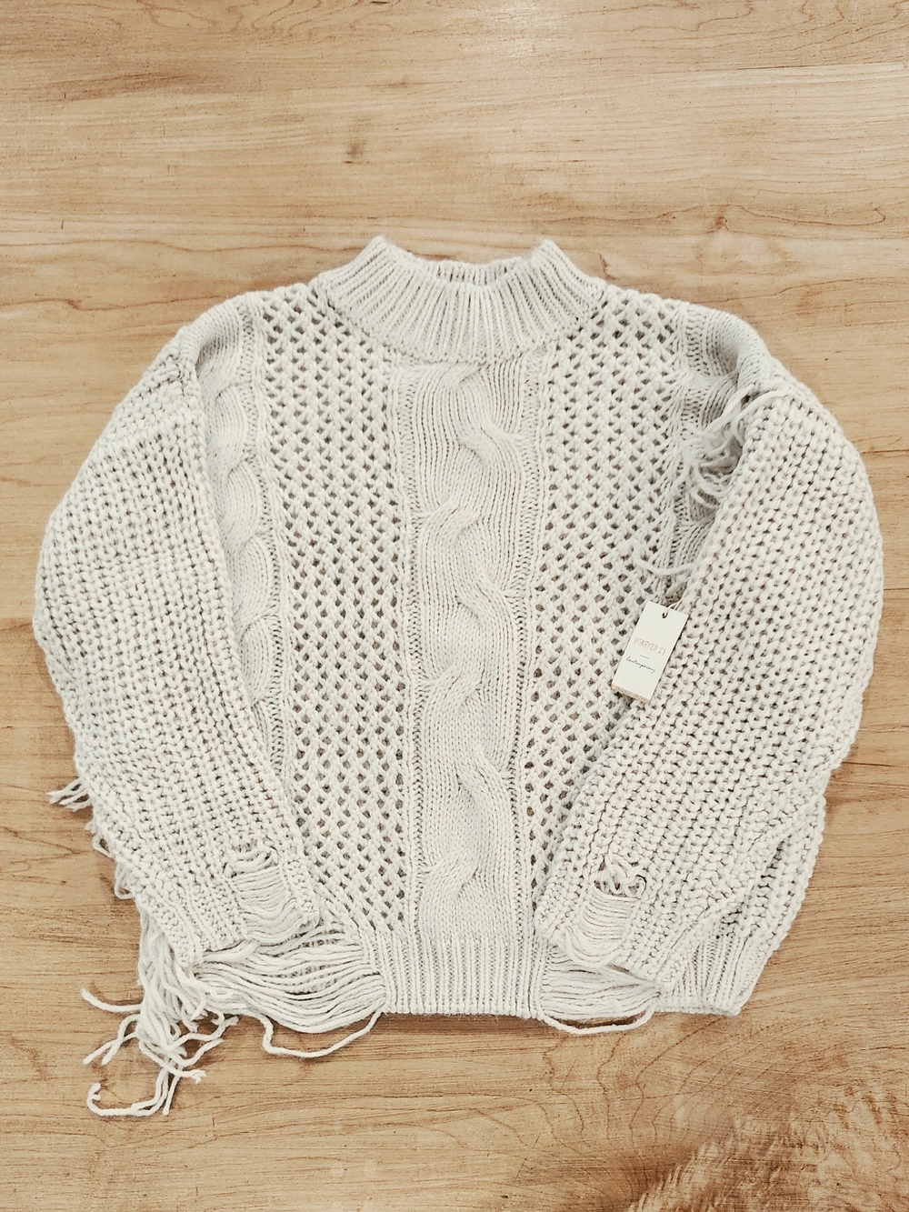 Forever 21 Cable Knit Fringe Distressed Mock Neck Sweater Small